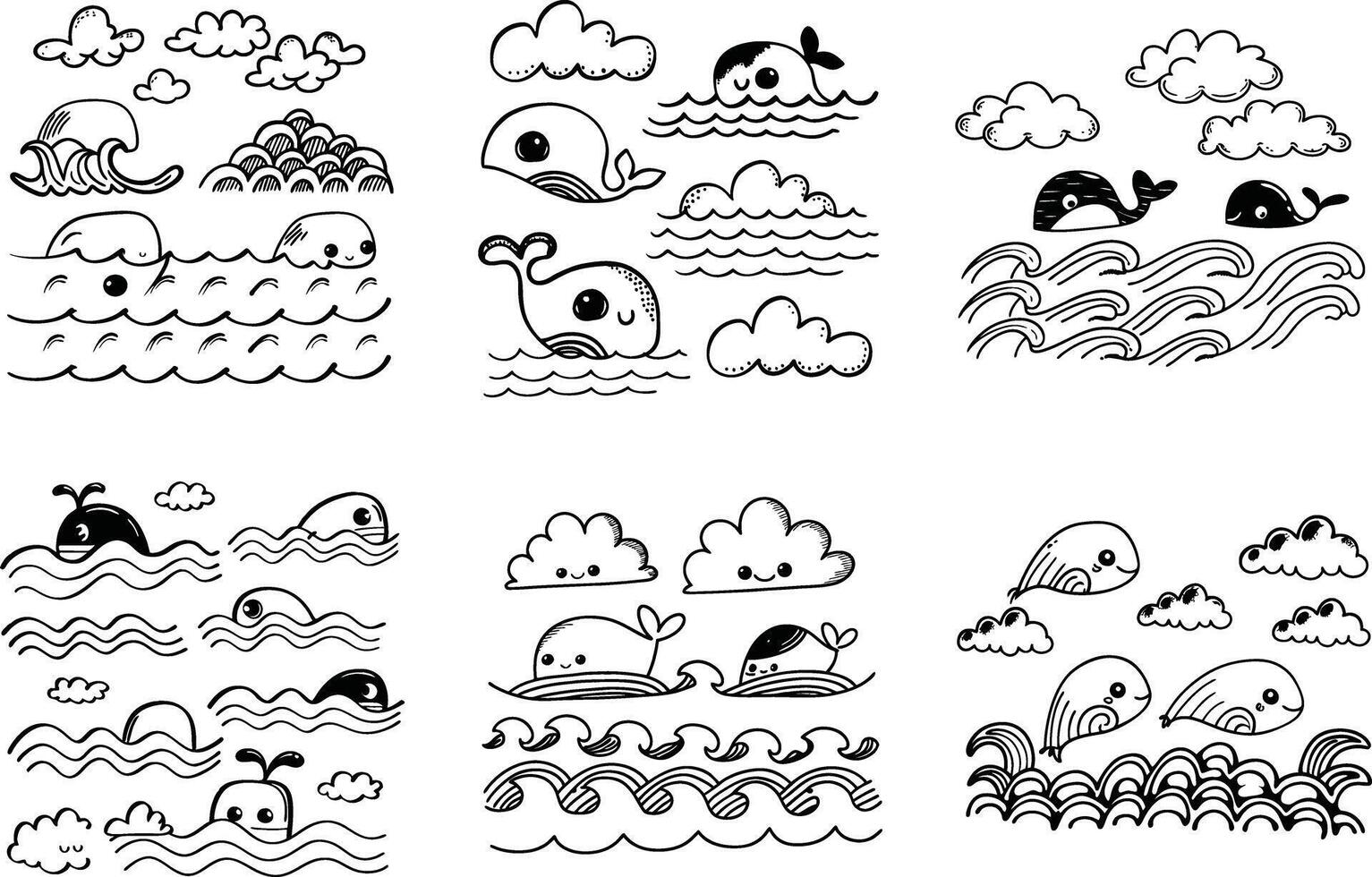 Hand drawn cute whale and cloud set ocean sea doodle illustration vector