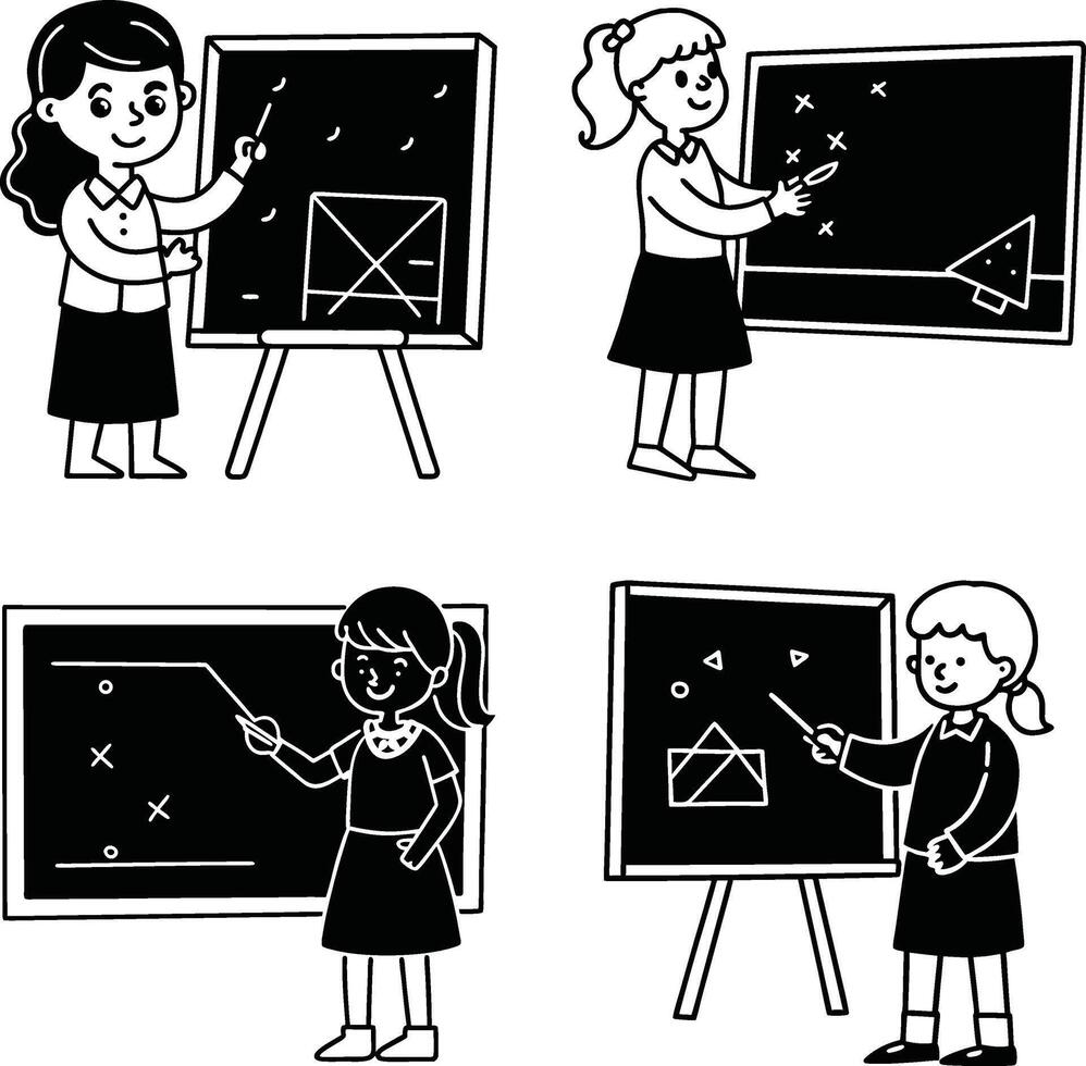 Cute black and white cartoon girls teaching mathematics on chalkboard vector