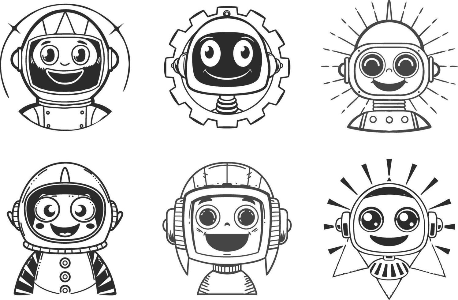 Set of cartoon robot character illustrations black and white vector