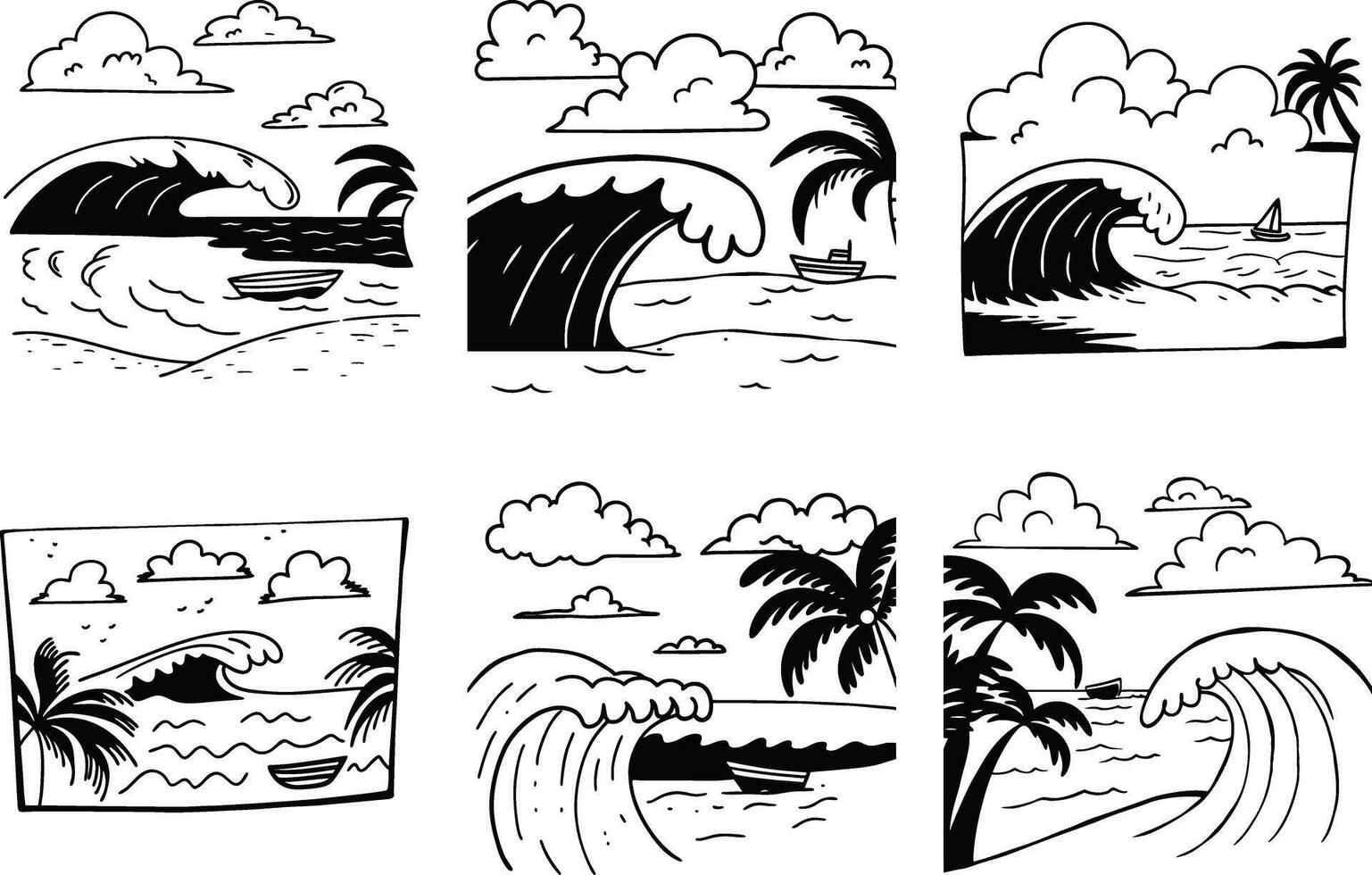 Tropical beach scene with palm trees waves and boats line art collection vector