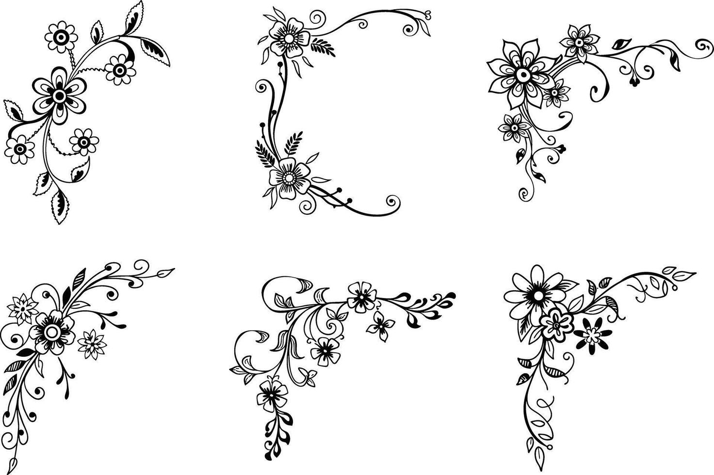 Set of elegant decorative floral corner designs black and white illustration vector