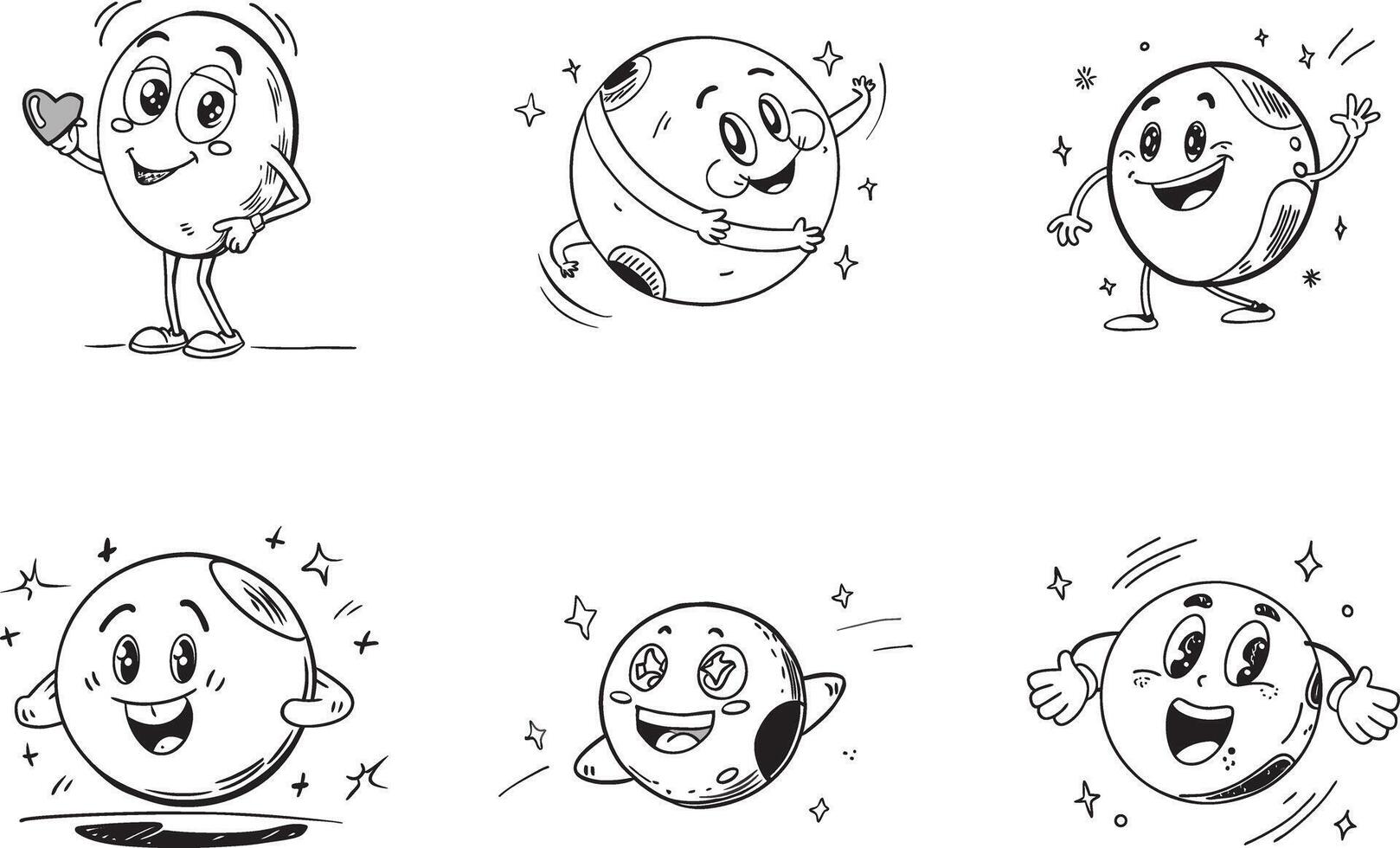 Hand drawn cartoon moon characters set in various poses isolated vector