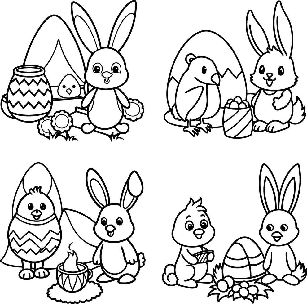 Easter bunny and chick outline illustrations collection for coloring book vector