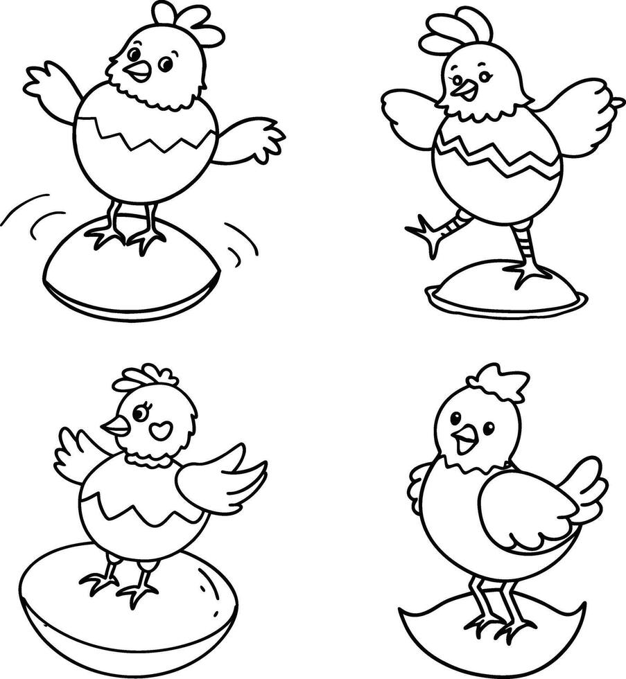 Cartoon chicks hatching from eggs outline illustration for coloring book or easter design vector