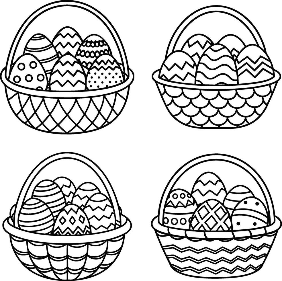 Easter baskets outline with patterned eggs in simple art style vector