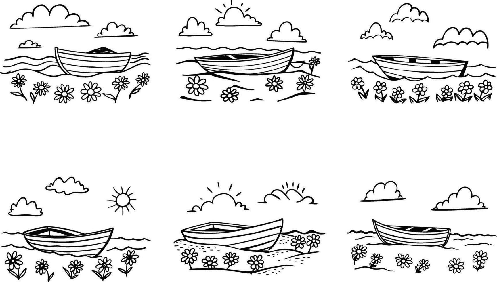 Hand drawn boat illustrations with flowers clouds and sun creative doodle elements vector