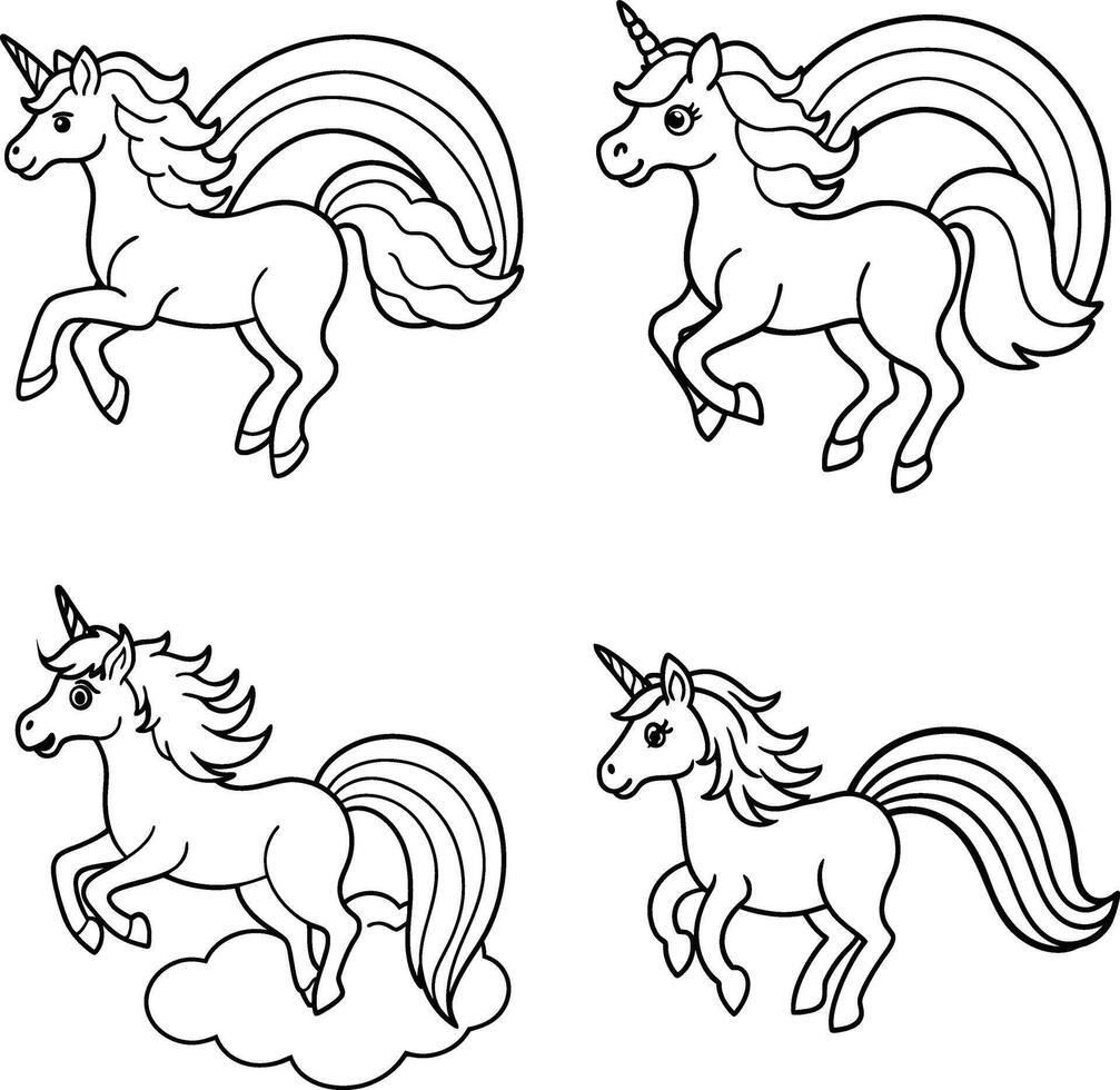 Black and white unicorns cartoon outline set collection for coloring books vector
