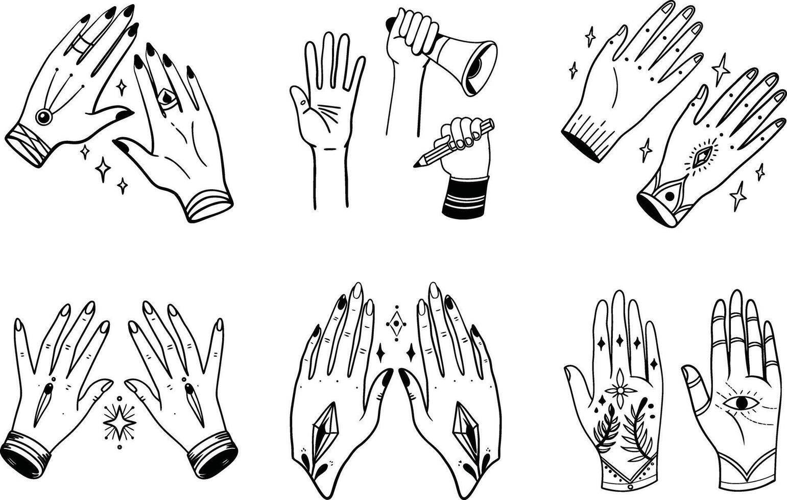 Mystical hand drawn hands in various gestures with magical symbols vector