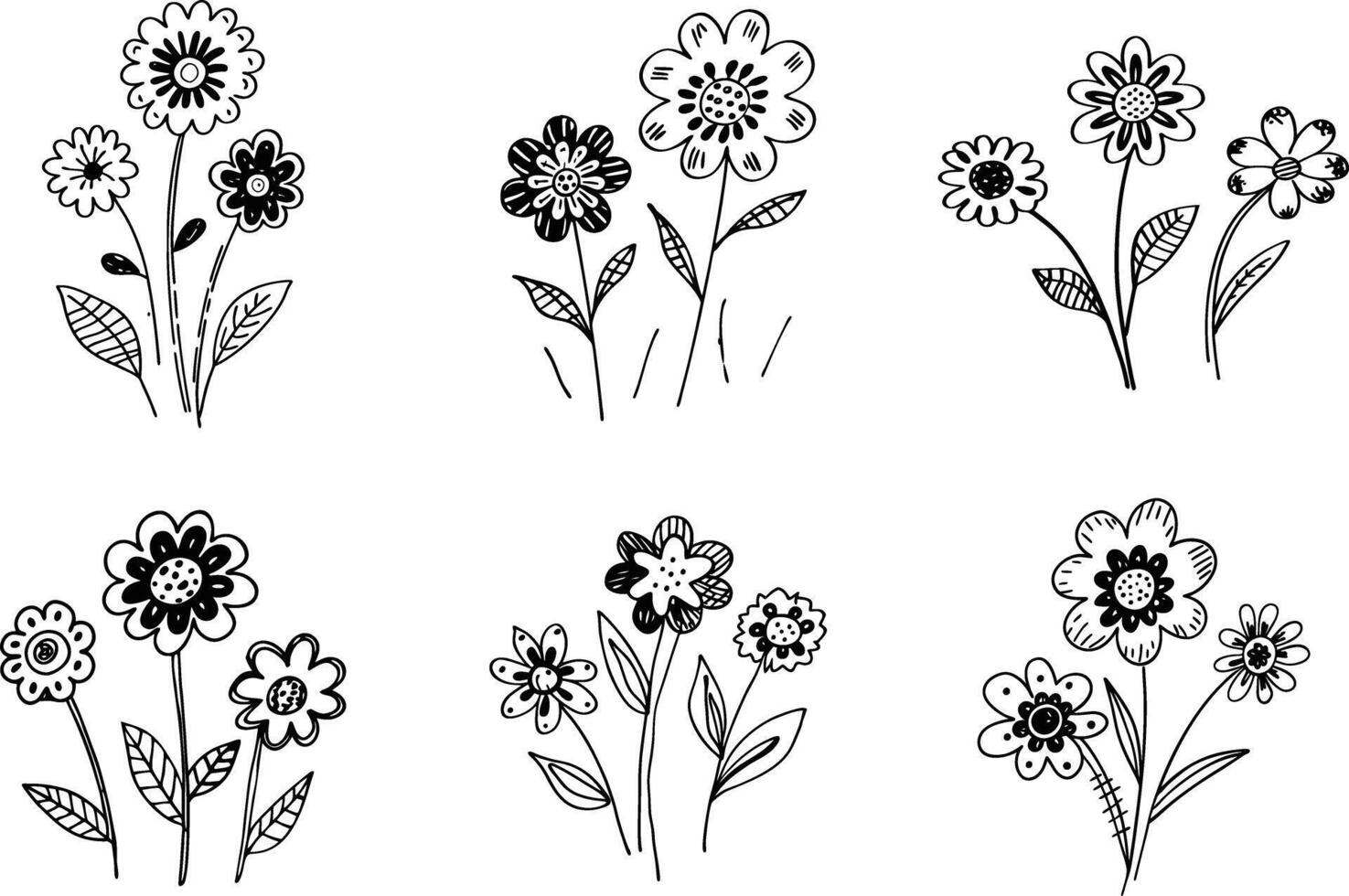 Doodles of simple flowers black line art on white background floral illustration vector