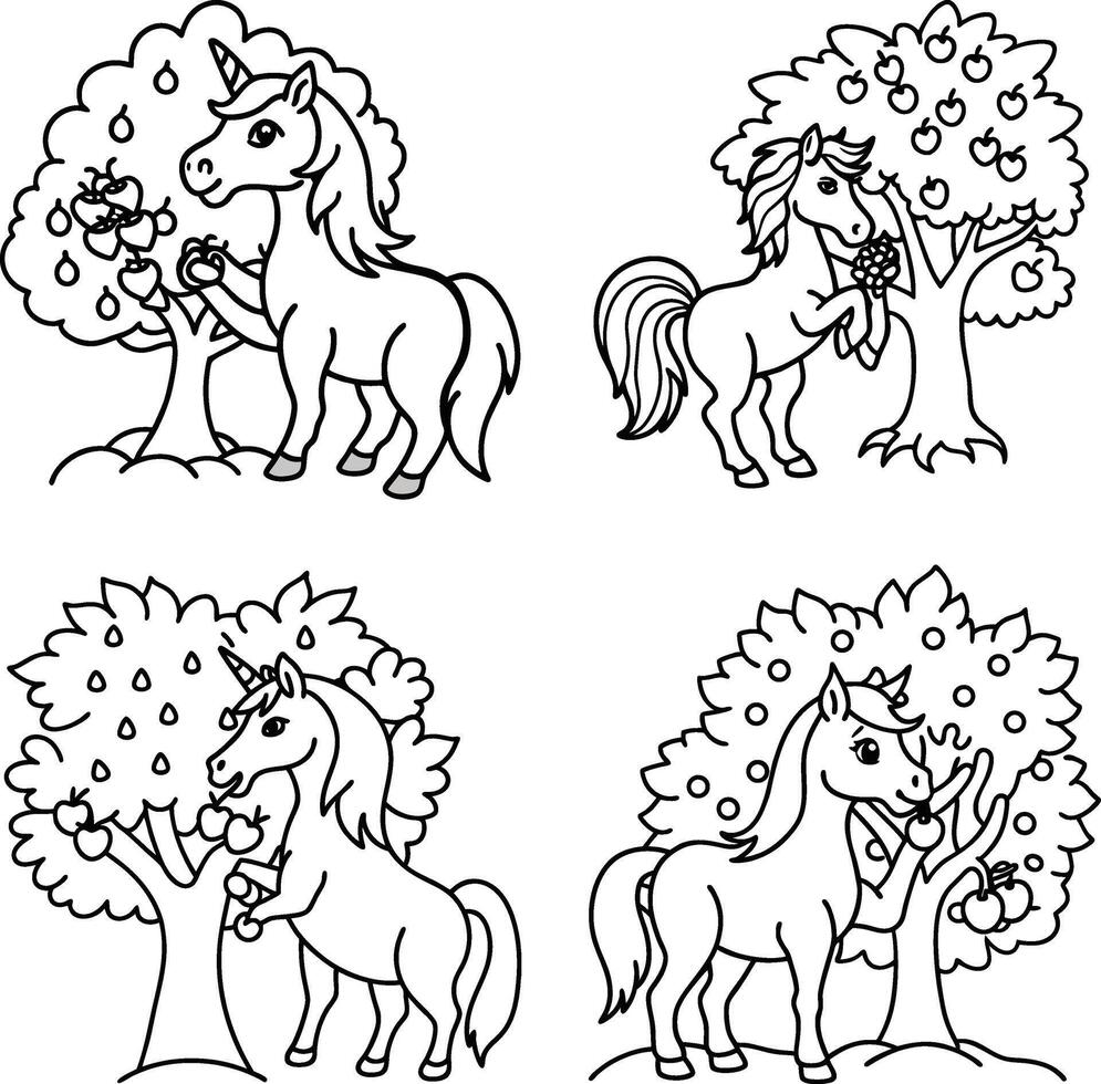 Cute unicorns with apple trees illustration for coloring books or digital art vector