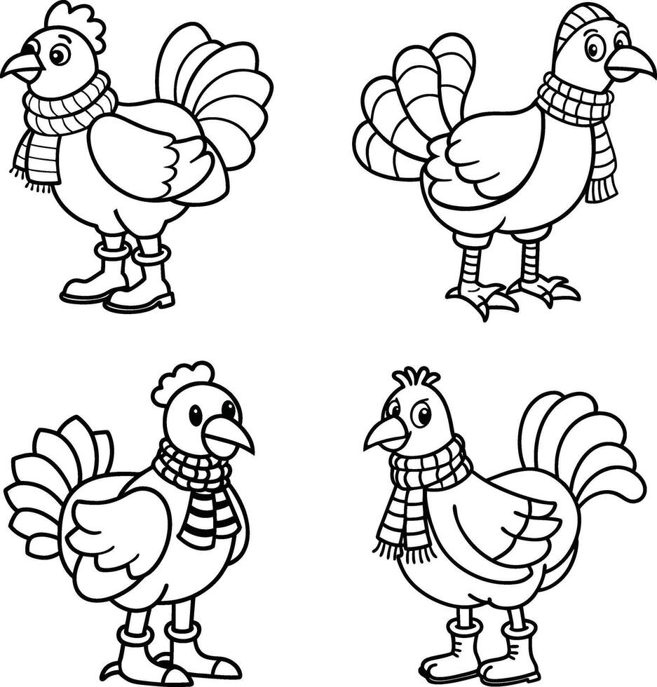 Four cute cartoon chickens wearing scarves and boots ready for winter vector