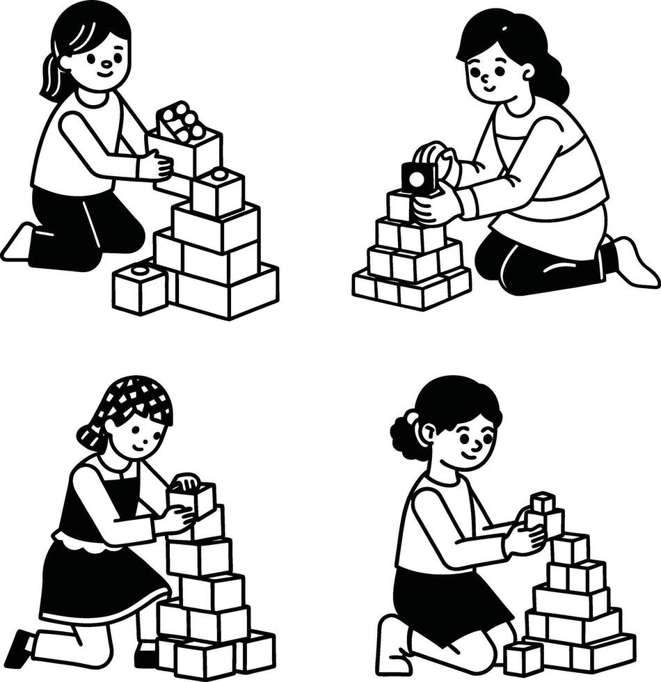 Girls building blocks black and white illustration learning and development vector
