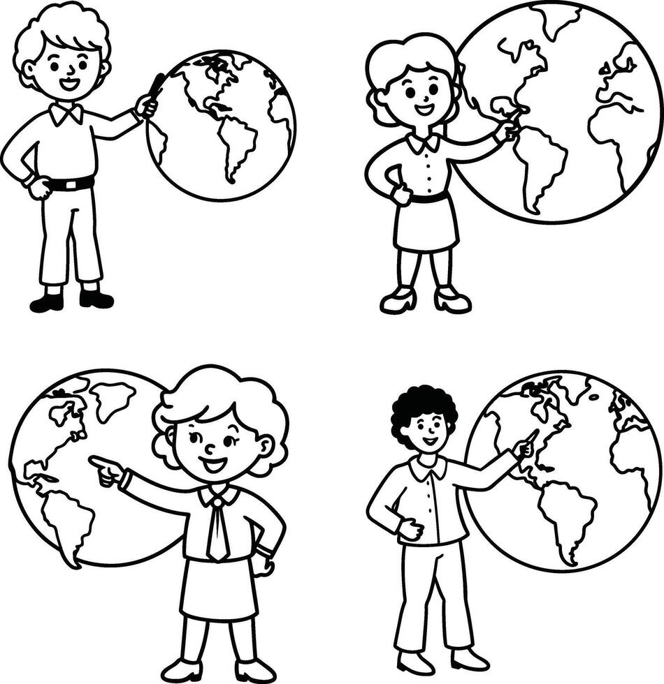 Cartoon teachers presenting the globe outline style for education and learning vector