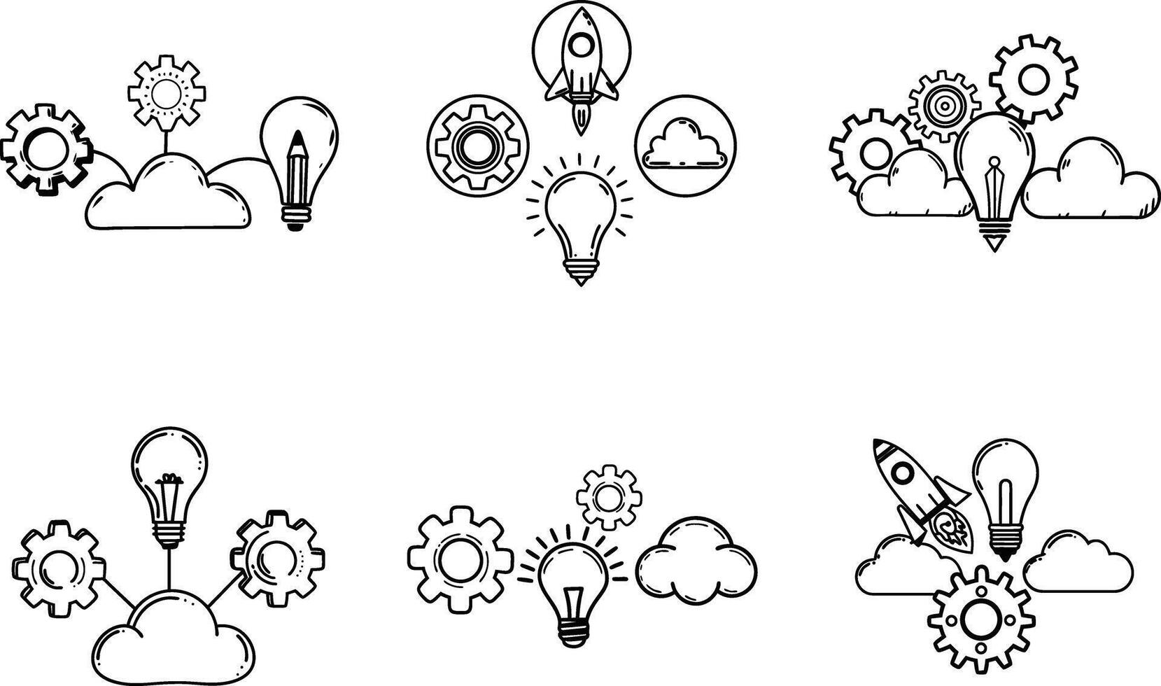 Creative thinking process with gears cloud and lightbulb icons black and white vector