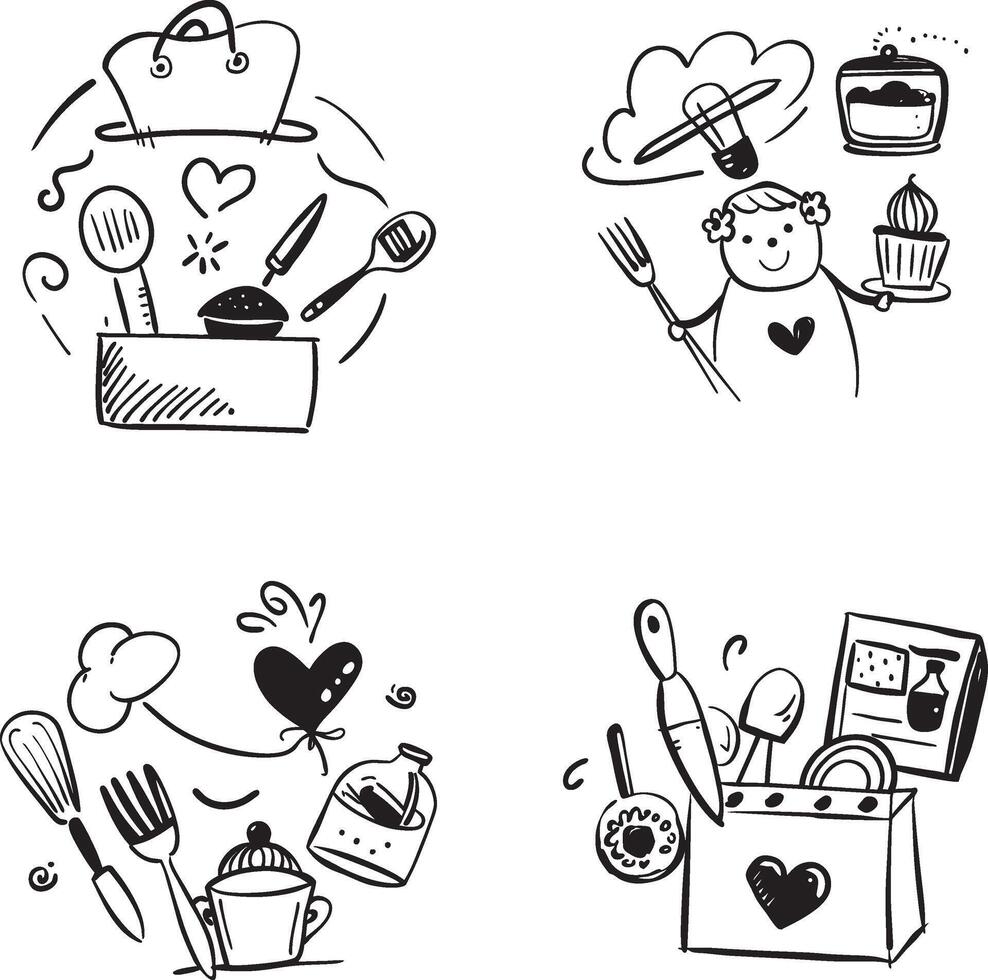 Whimsical black and white kitchenware doodle set cooking and baking illustrations vector