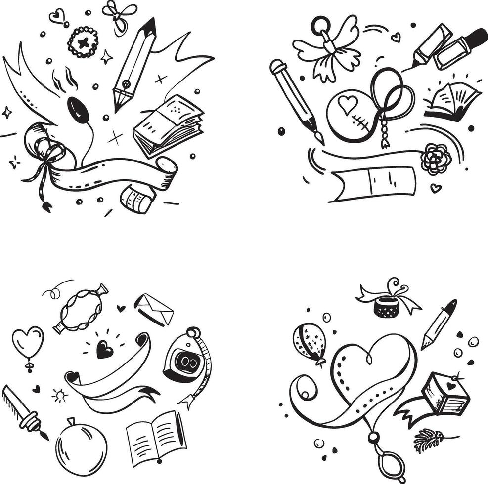 Hand drawn doodle elements illustration of school supplies and decorative ornaments vector