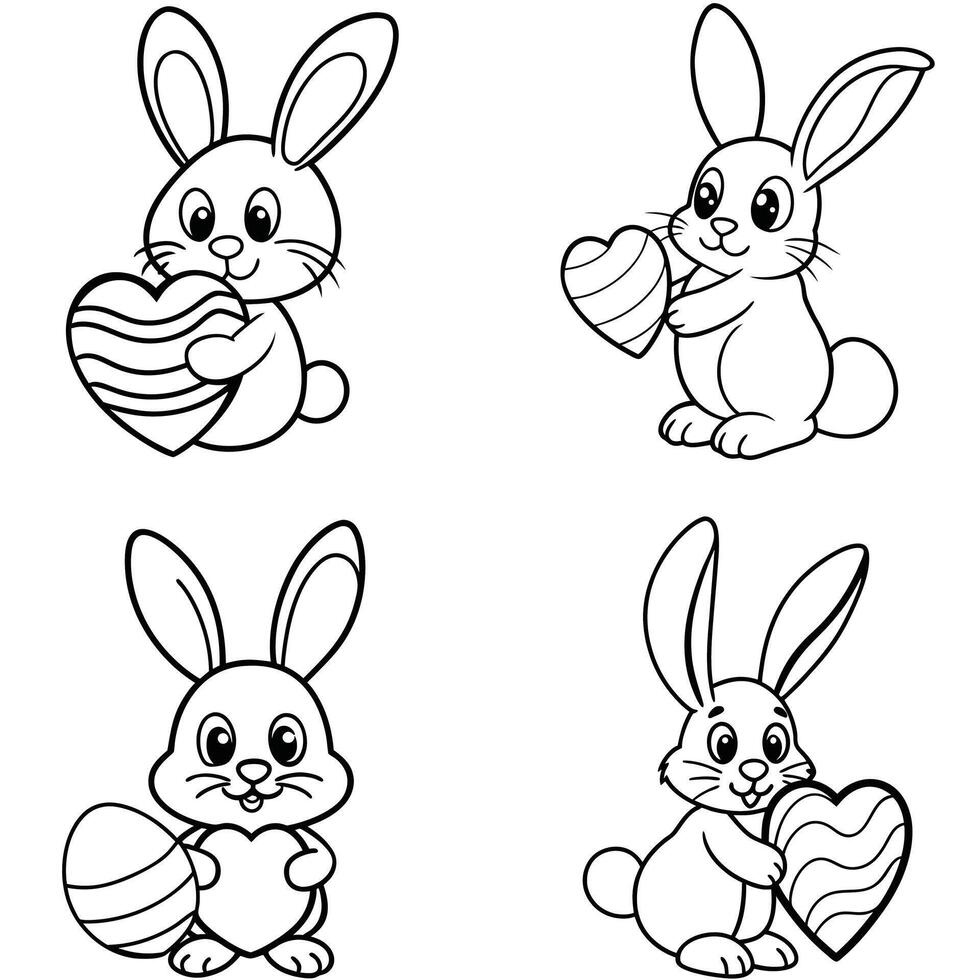 Easter bunny outline icons holding heart and egg shape decorative elements vector
