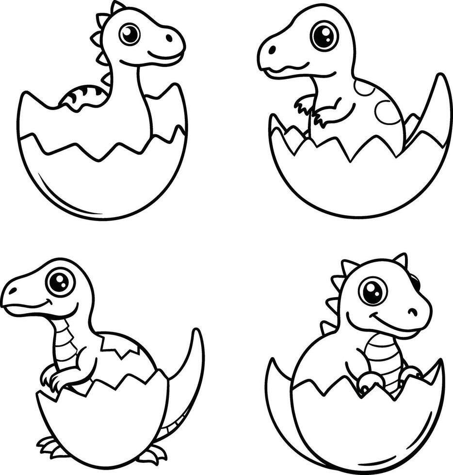 Cute baby dinosaurs hatching from eggs black and white outline cartoon set vector
