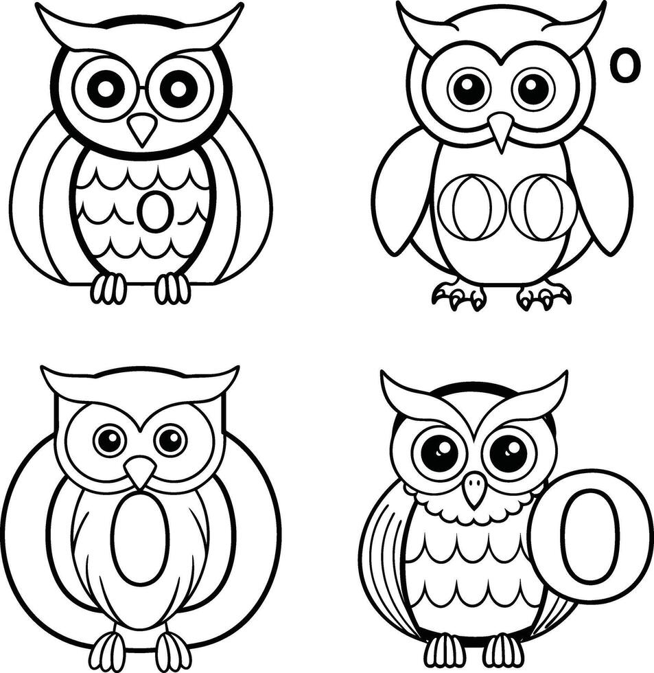 Four cartoon owl illustrations in black and white for coloring pages vector