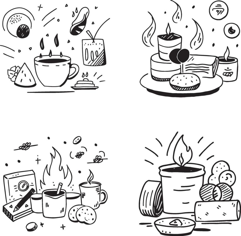 Doodle illustration set featuring food drink fire and candles in sketch style vector