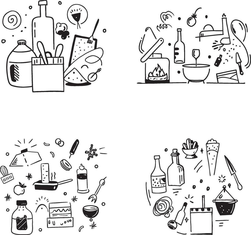 Hand drawn cooking and kitchenware doodle illustrations minimalist icons set vector
