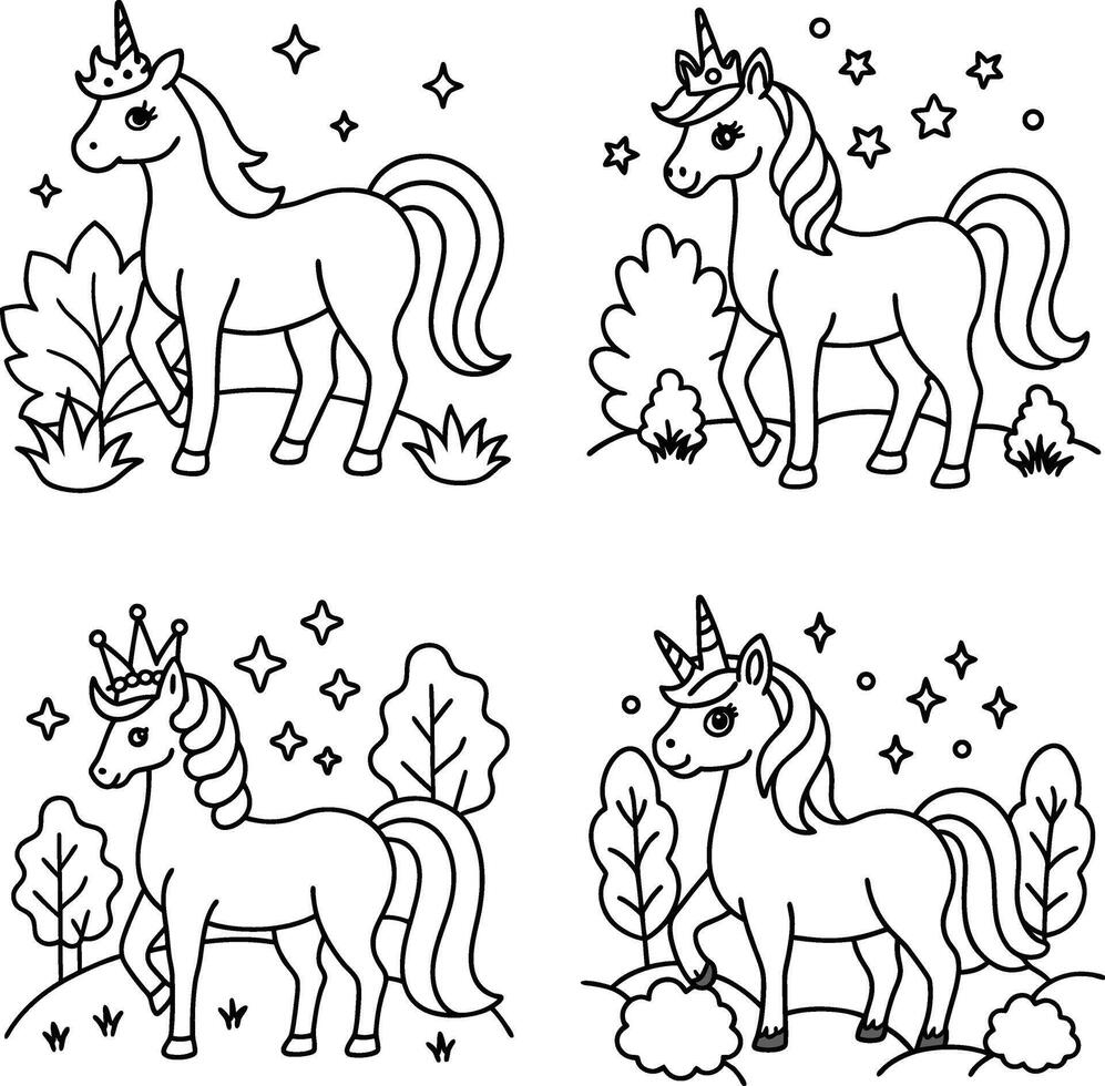 Black and white unicorn illustration set for coloring books and creative projects vector