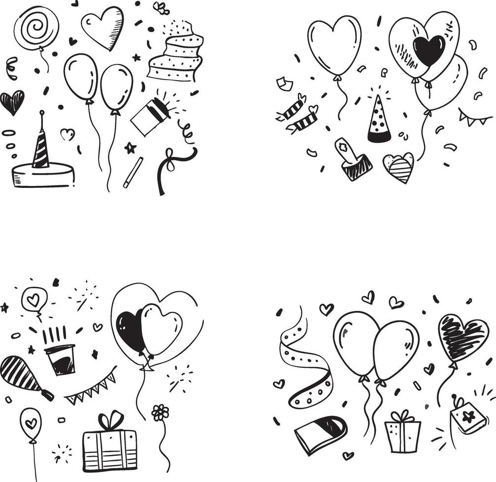 Hand drawn party elements set celebration party birthday anniversary doodles vector