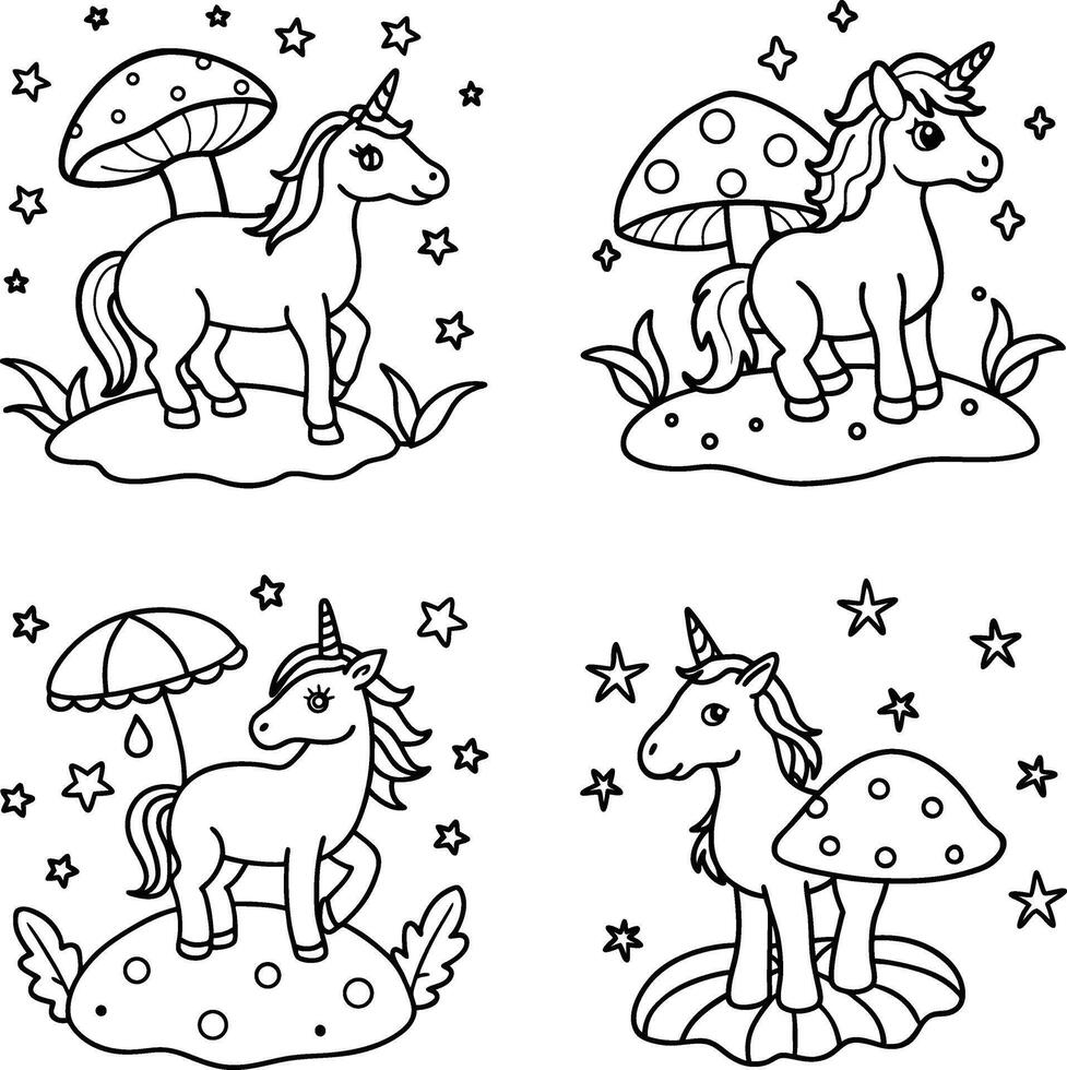 Outline of four unicorns with mushrooms and stars for coloring book vector