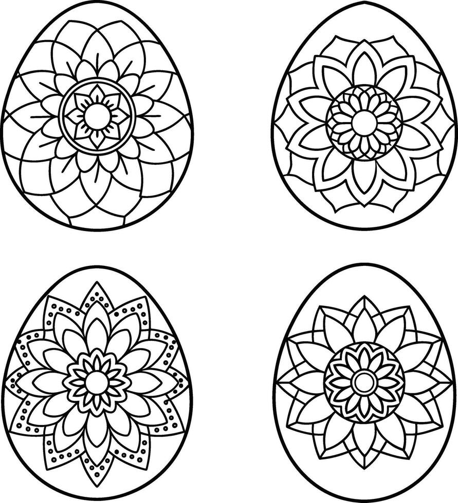 Easter eggs coloring page with floral ornaments in line art style vector