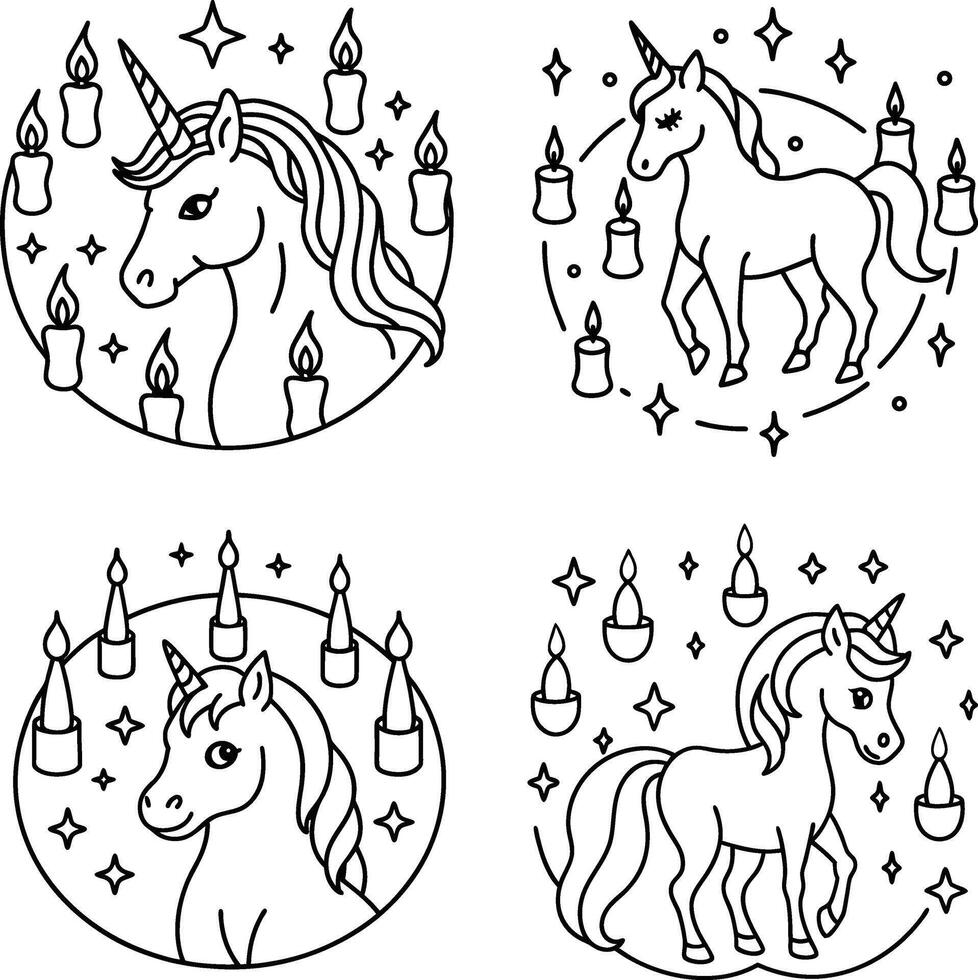 Unicorn and candle set black and white doodle style fantasy illustration vector