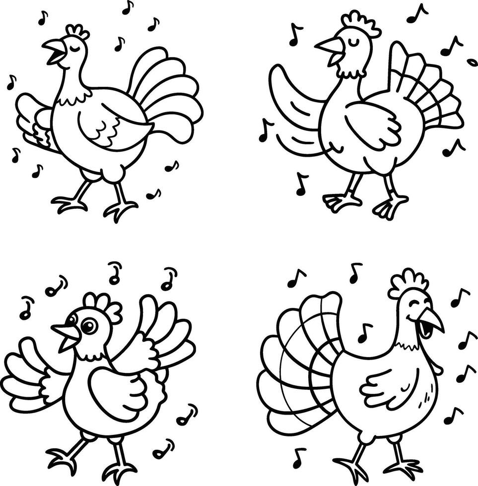 Line art dancing chickens cartoon illustrations with music notes scattered around vector
