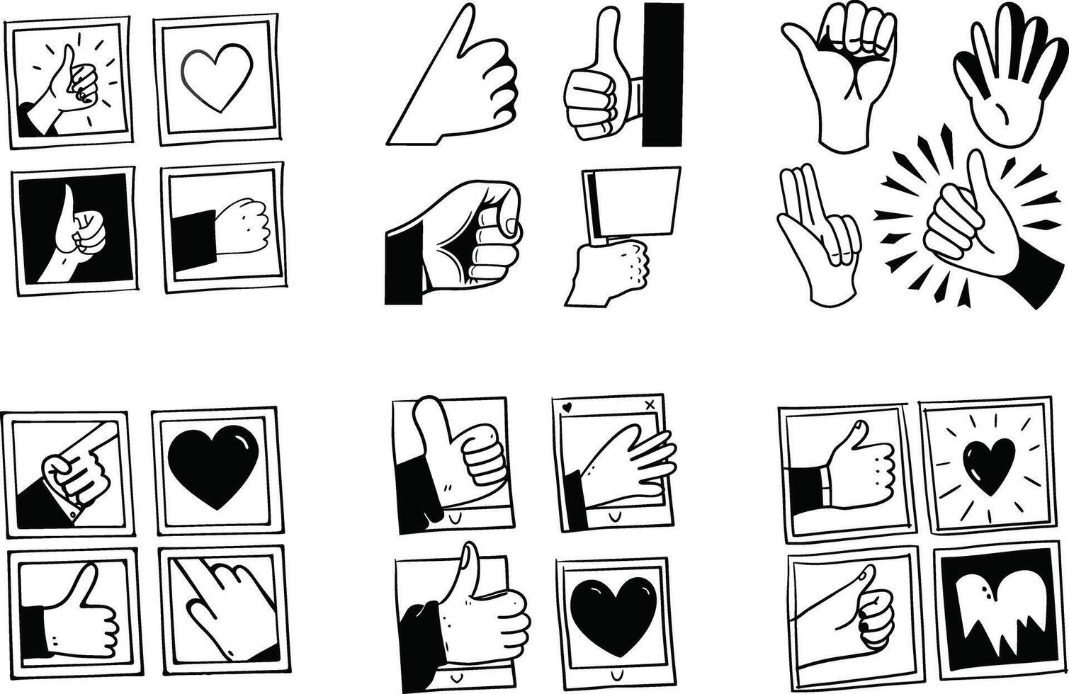 Hand drawn hands hearts thumbs up doodle style graphics vector