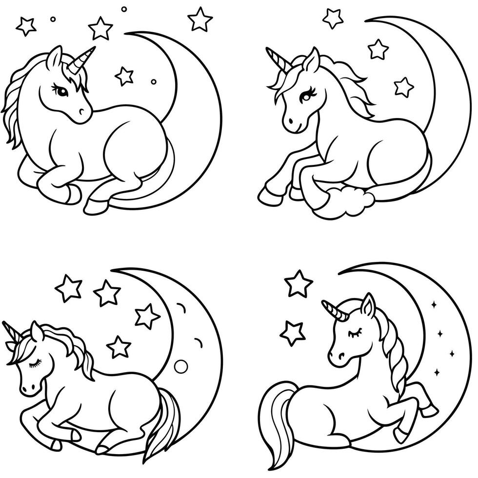 Collection of adorable unicorns resting on the moon black and white outline vector