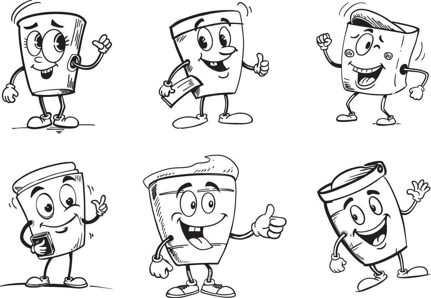 Cartoon coffee cup characters collection cute drawings outline design vector