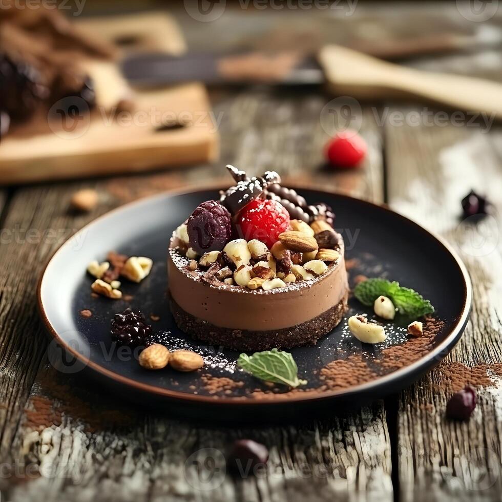 Chocolate mousse cake with raspberries and hazelnuts, selective focus. photo