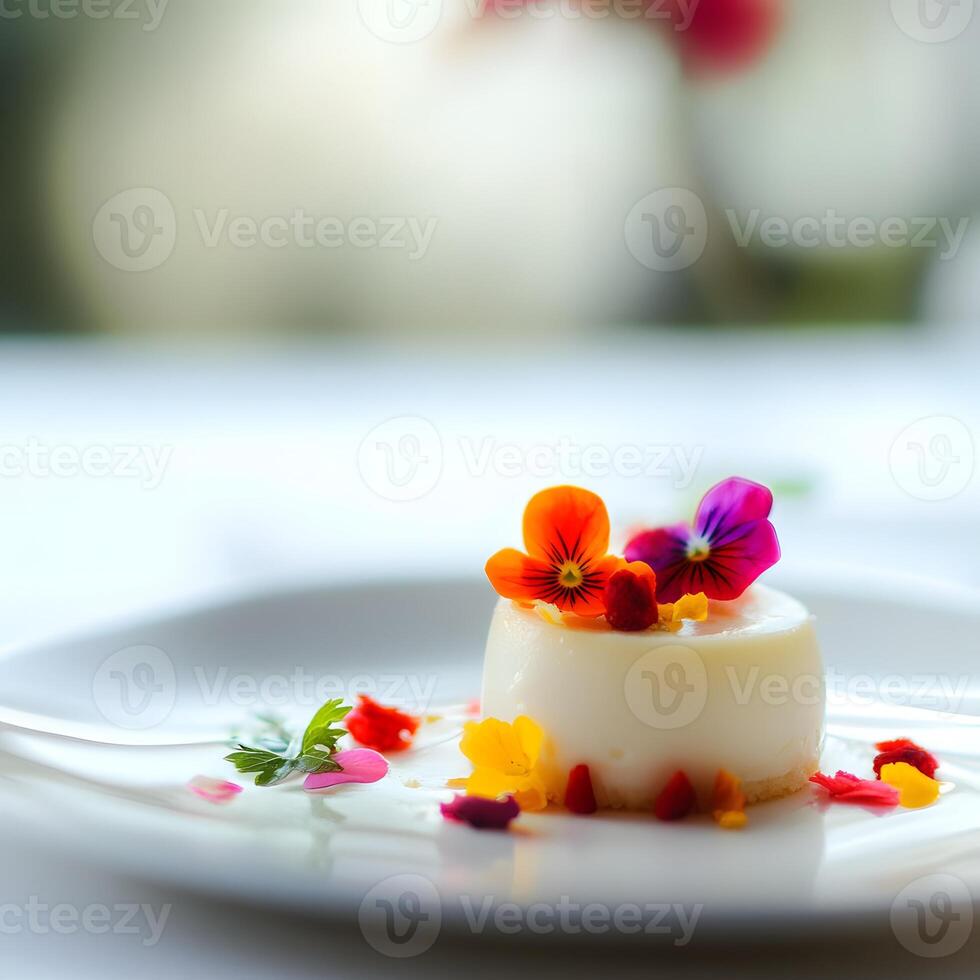 Smooth Textures and Glossy Finish. Floral Cakes. Panna cotta with flowers on a white plate. Selective focus photo