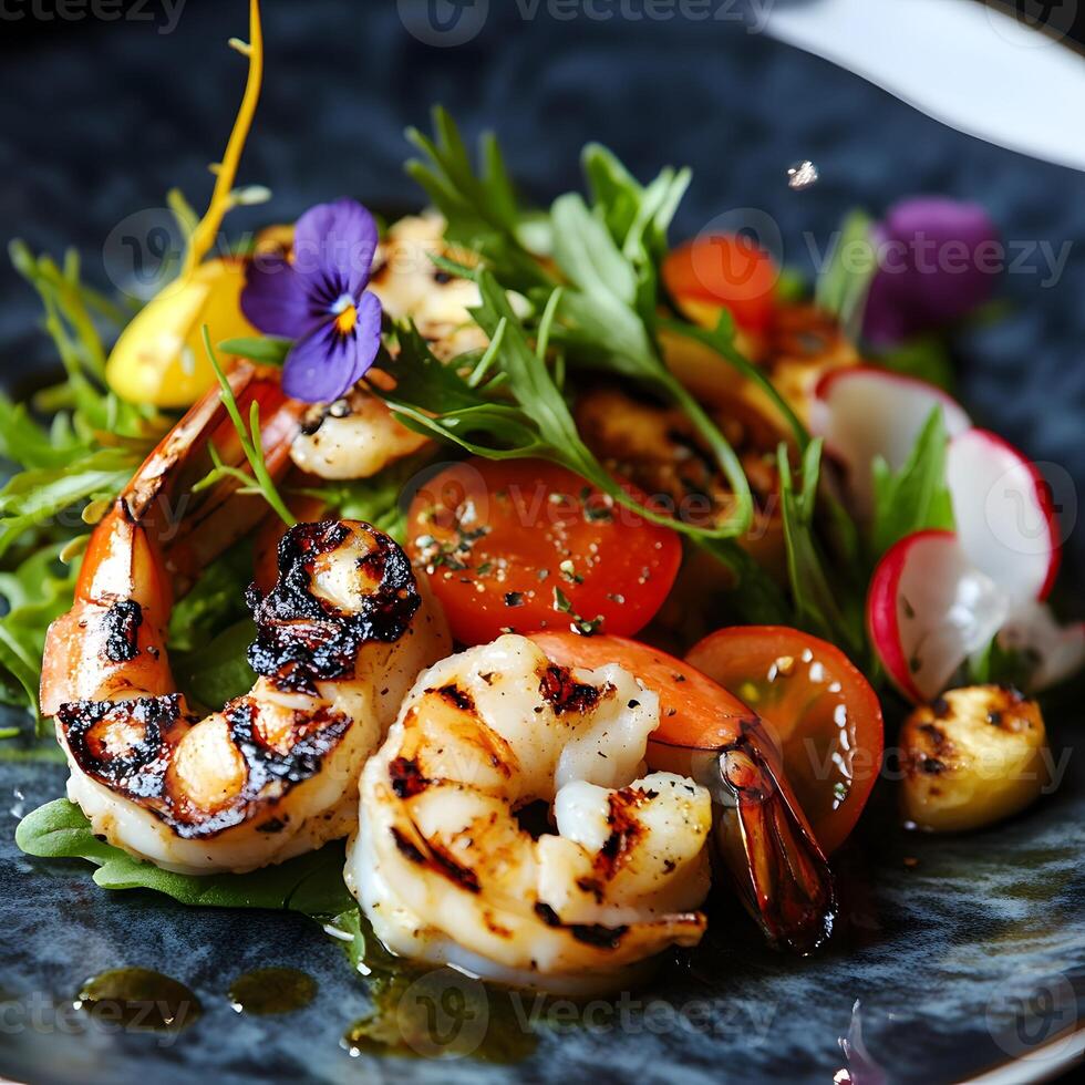Seafood salad with grilled scallops, tomatoes and arugula. Selective focus photo
