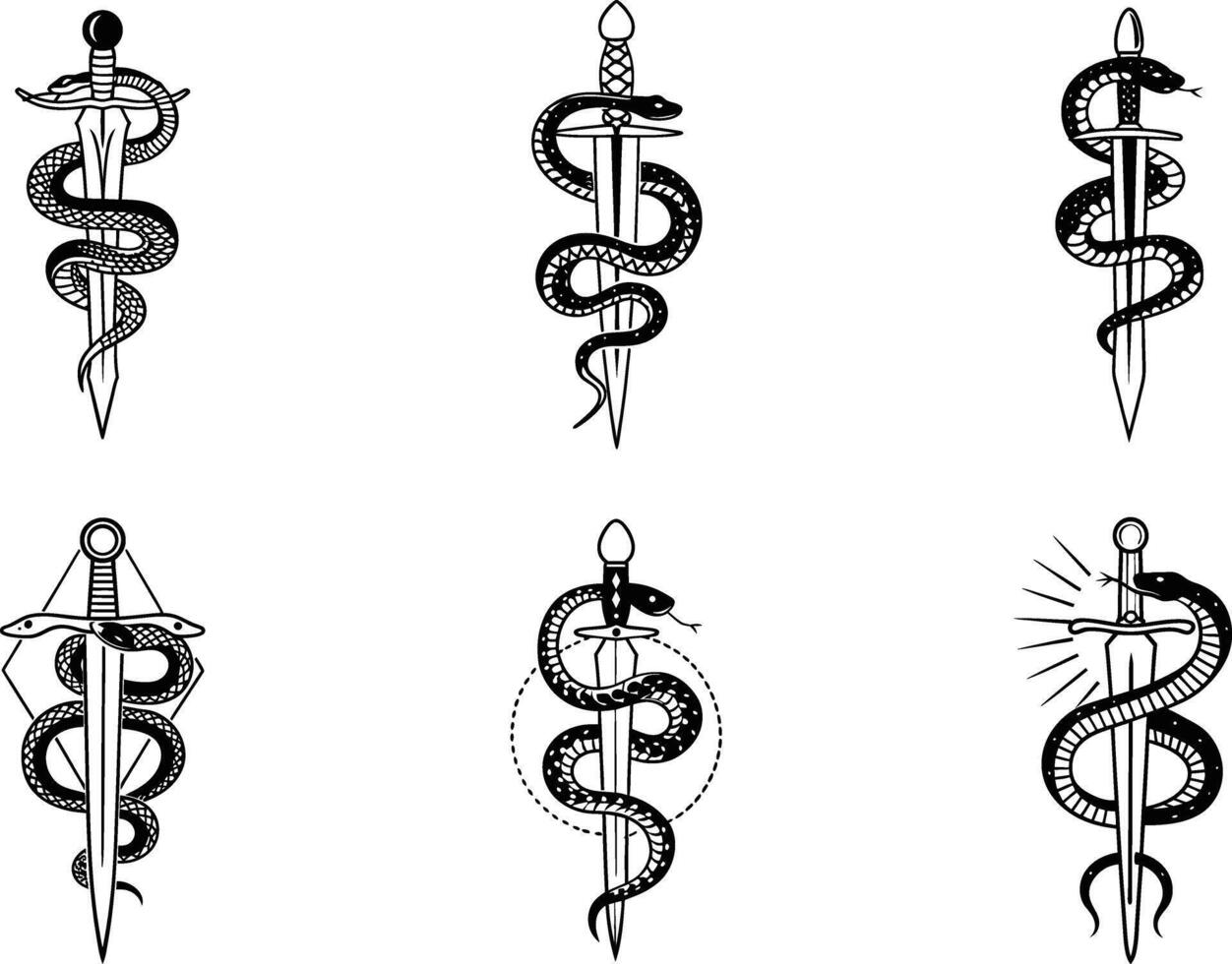 Snake wrapped around sword tattoo flash set black and white design vector