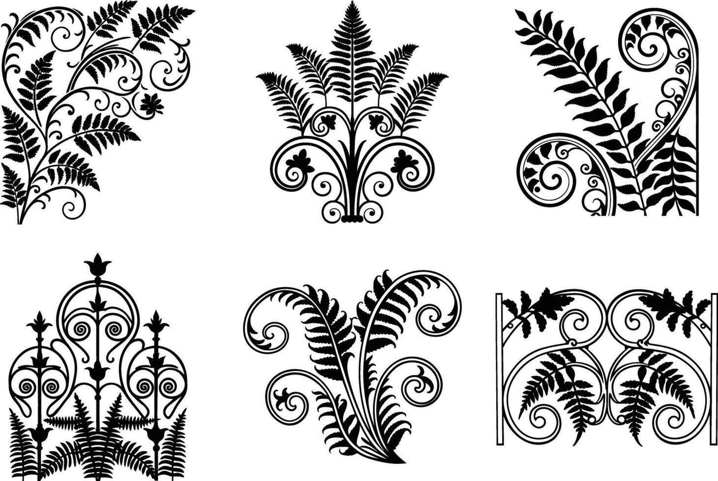 Black fern designs illustration set botanical ornament collection vector