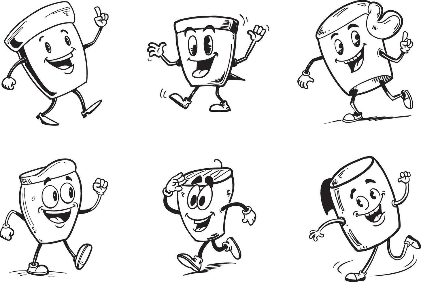 Collection of cartoon takeout coffee cup characters walking and smiling vector