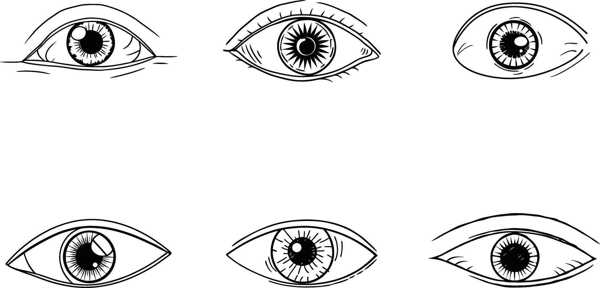 Collection of six different hand drawn eye designs isolated on white background vector