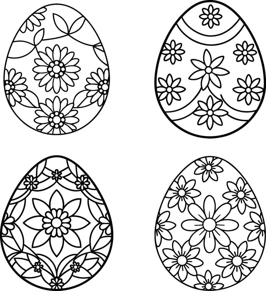 Four easter eggs with floral patterns line art for coloring book vector