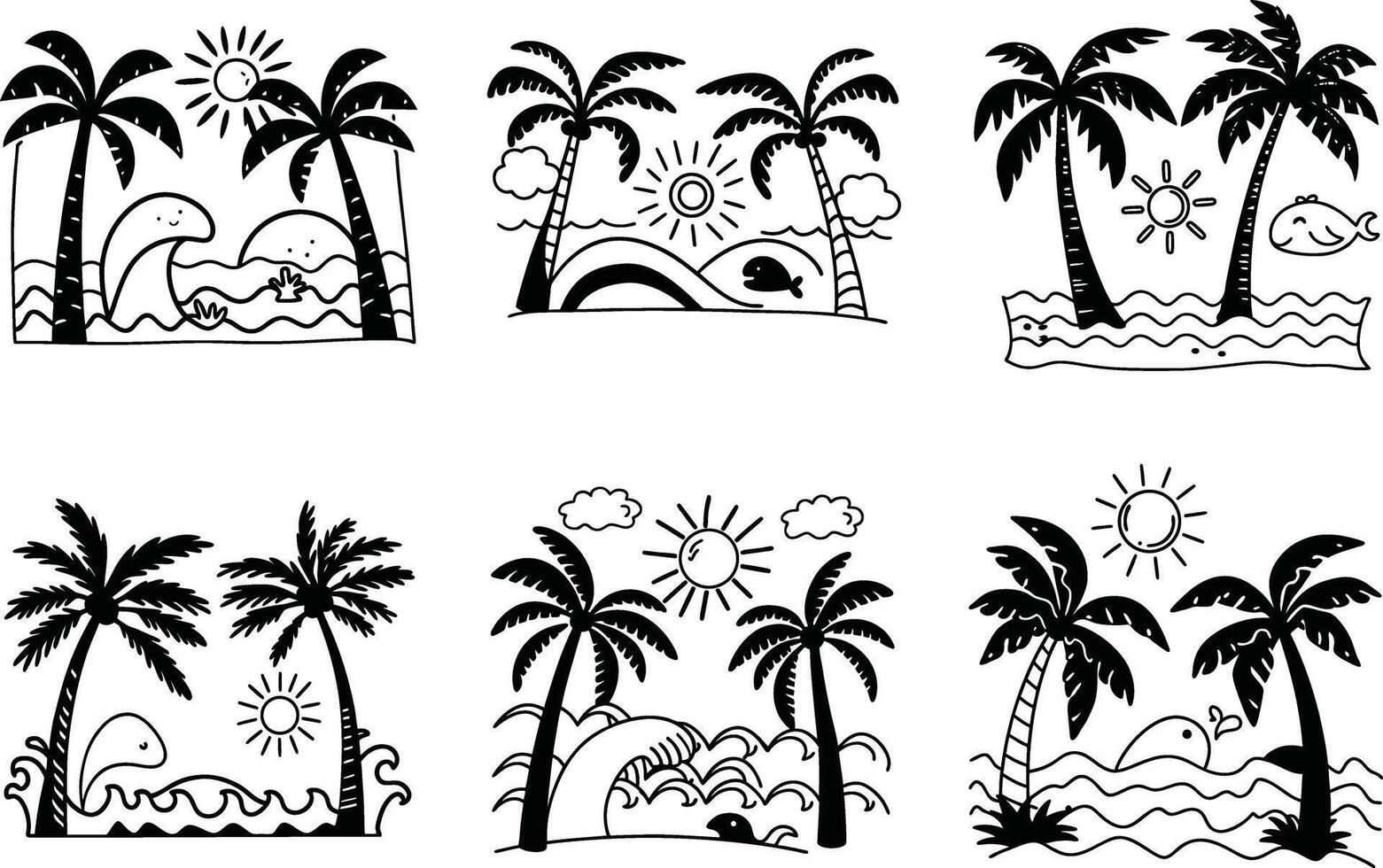 Hand drawn palm trees sun waves and fish summer beach illustrations vector