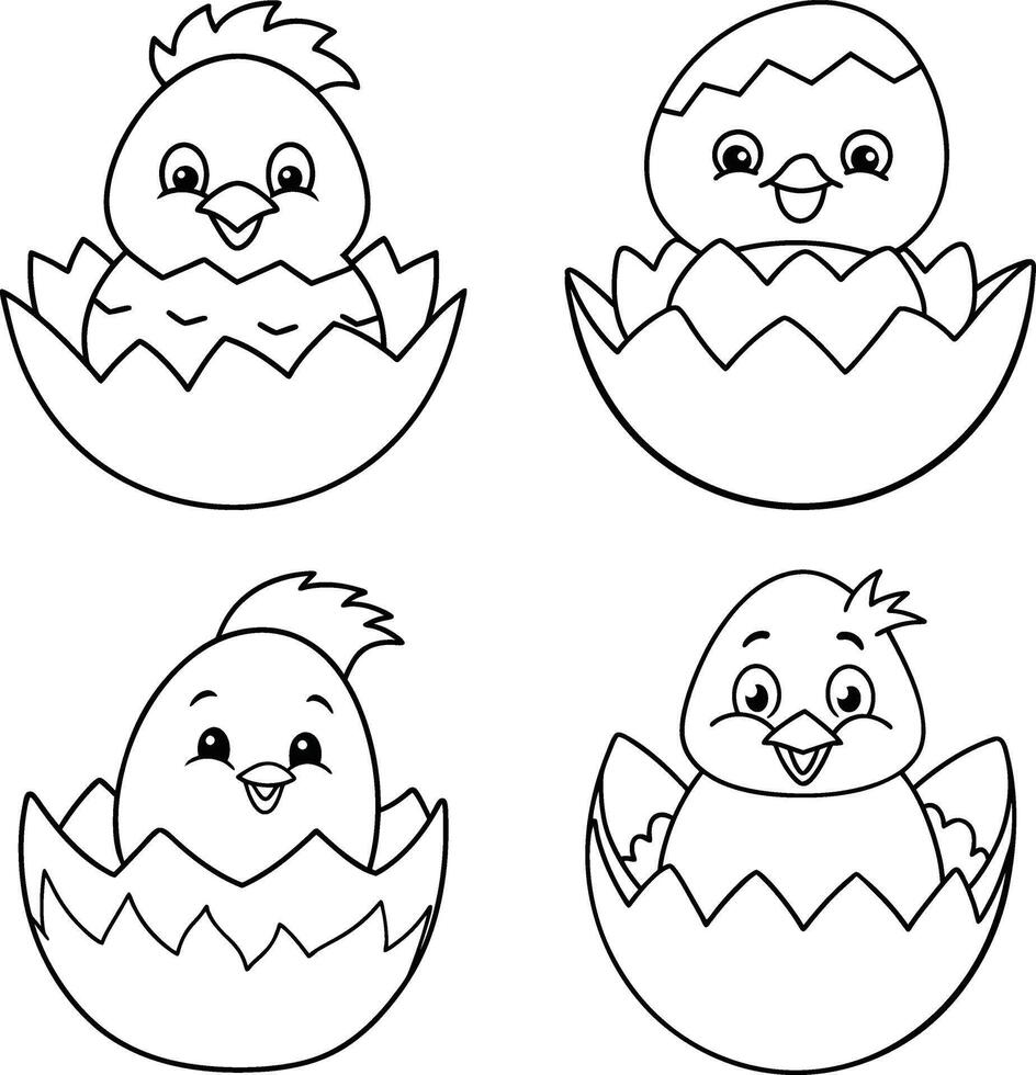 Cute easter chicks hatching from eggs black and white outlines vector