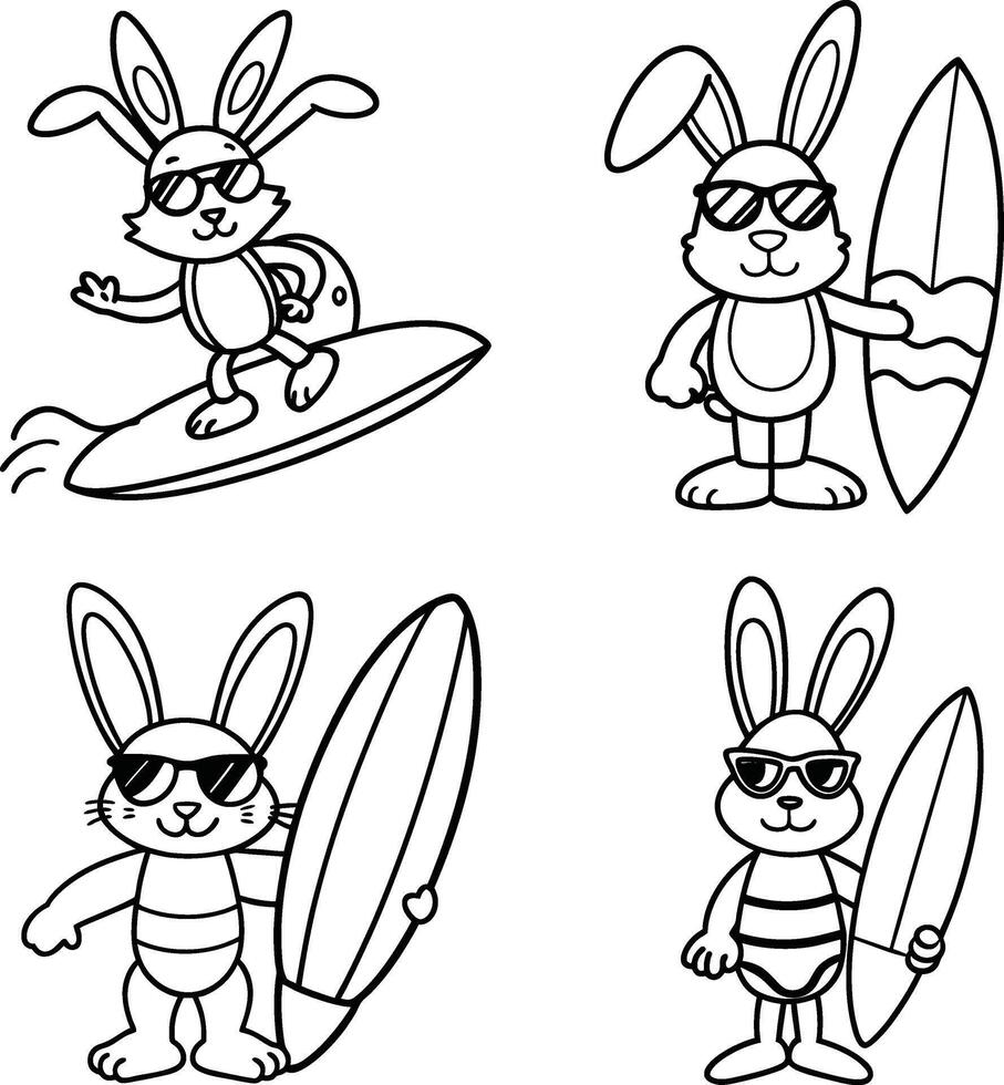 Set of four outline bunnies with sunglasses and surfboards summer theme vector