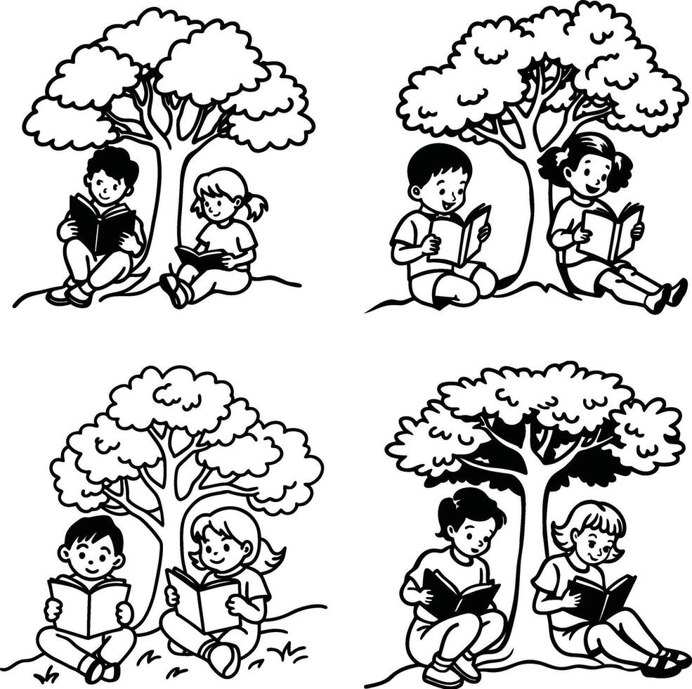 Children reading books under trees black and white illustration vector