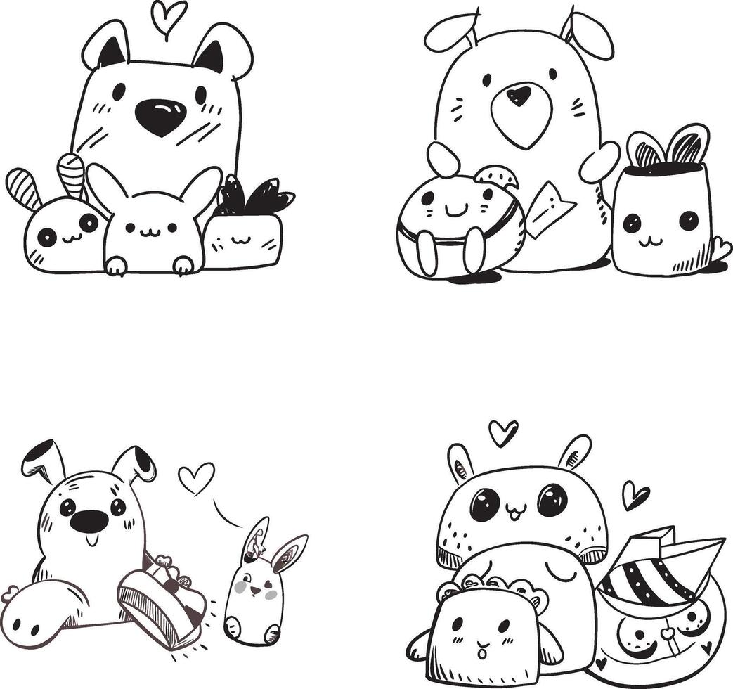 Hand drawn cute animals black and white set illustrations vector