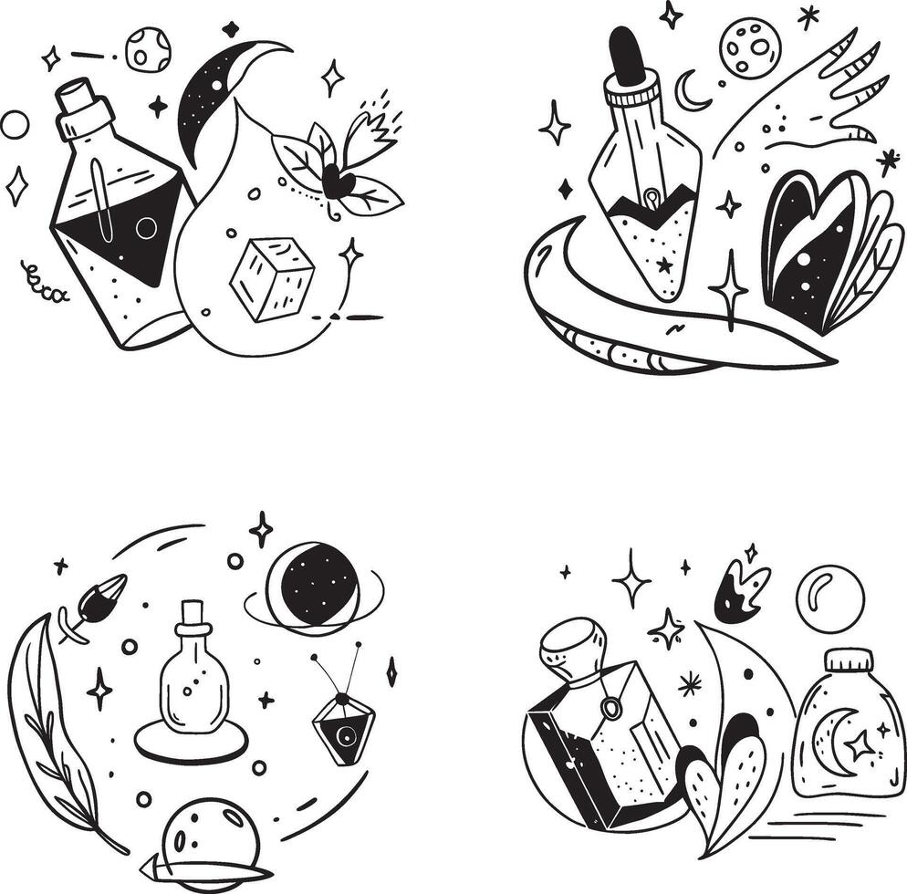 Mystical doodle collection of alchemy potions plants and celestial elements vector
