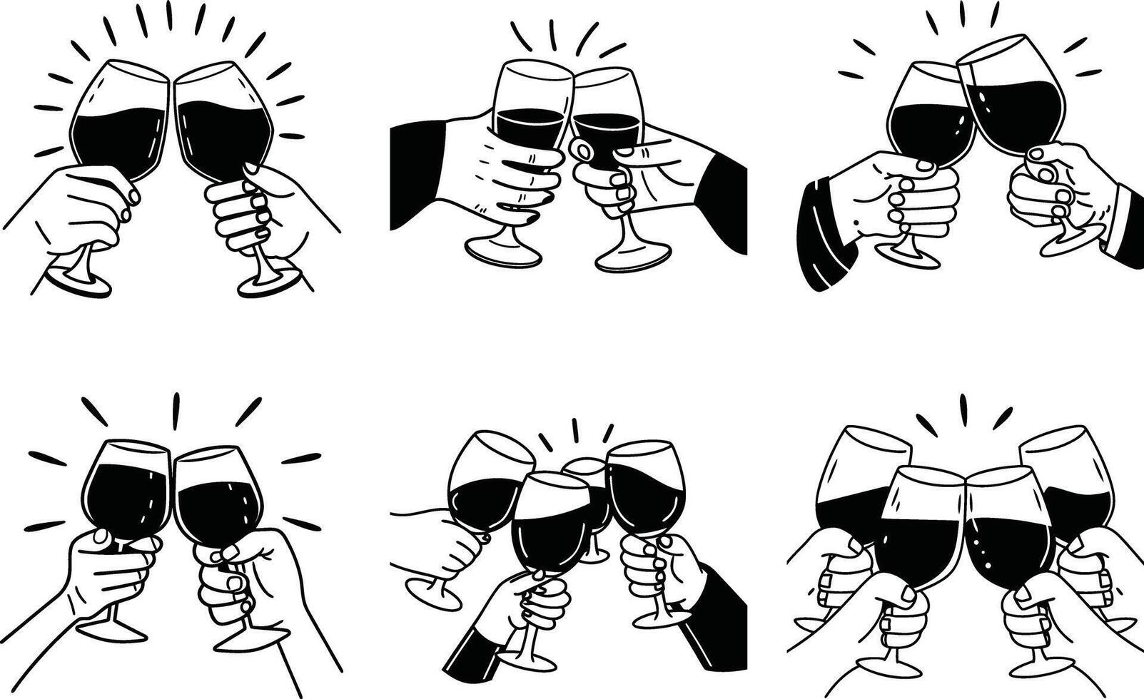 Wine glasses toasting celebration cheers doodle style illustration vector