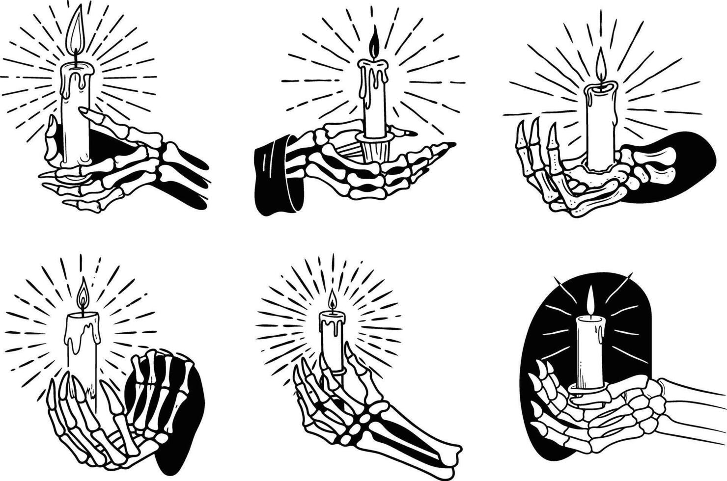 Collection of skeleton hands holding burning candles with radiating light black and white vector